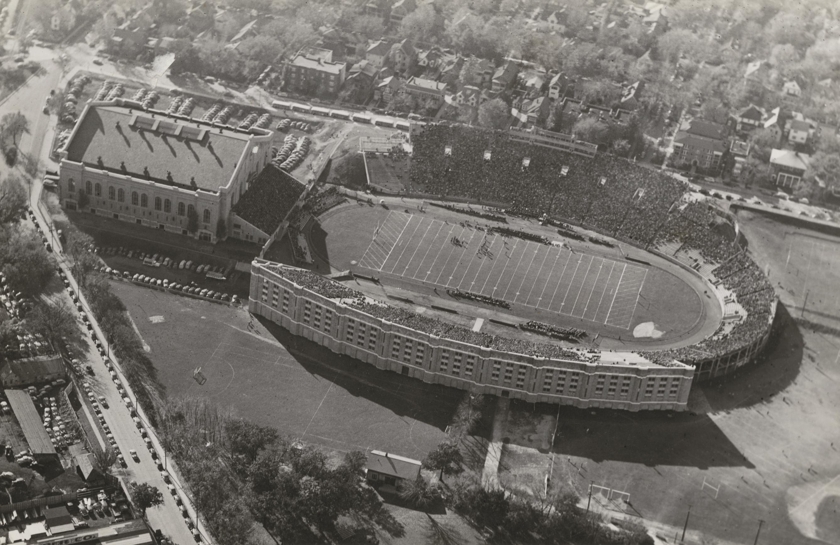  An aerial view of Camp Randall stadium and the Field House during the November 1964 game. This was the last game played before the upper deck was added and with the old original press box. Wisconsin won over Minnesota 14-7.