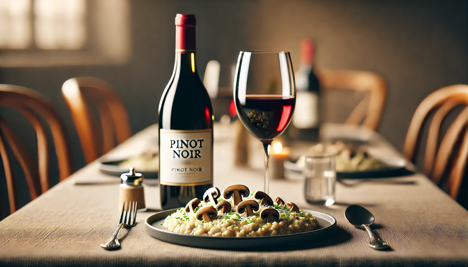 A velvety Pinot Noir paired with a rich mushroom risotto, garnished with fresh herbs and Parmesan cheese.