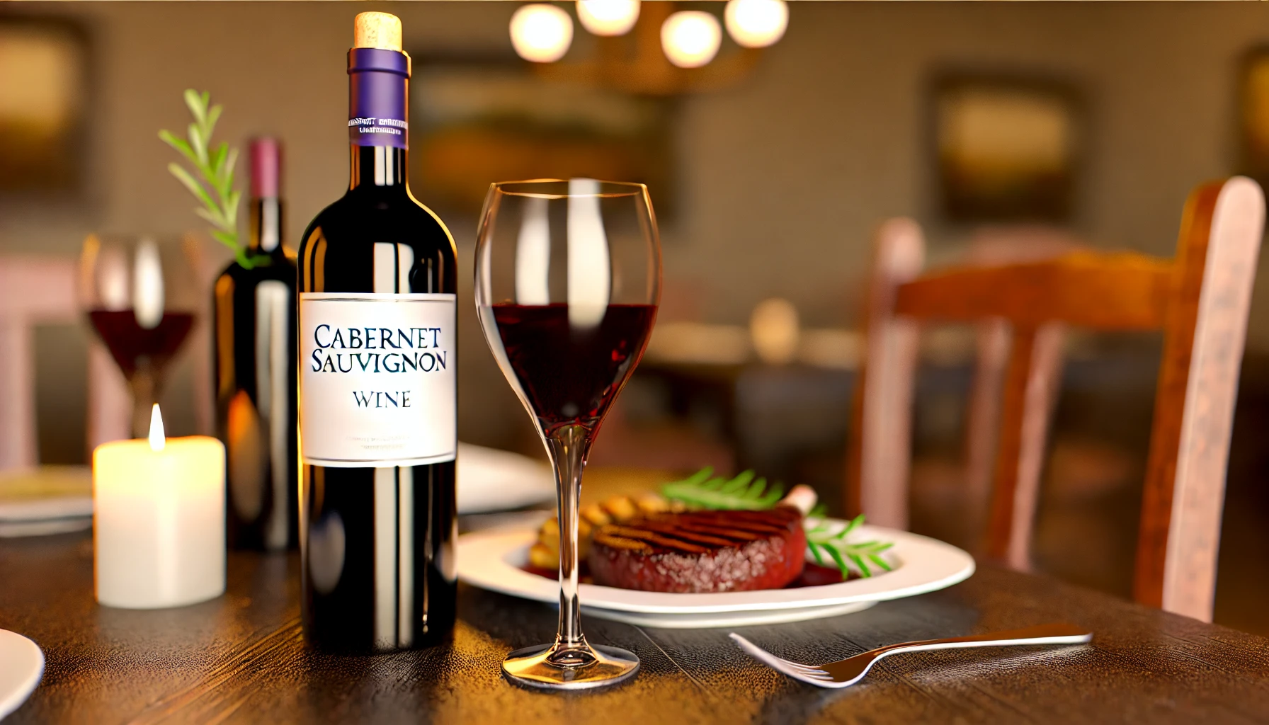 A robust Cabernet Sauvignon paired with a perfectly grilled steak, garnished with rosemary and served with grilled vegetables.