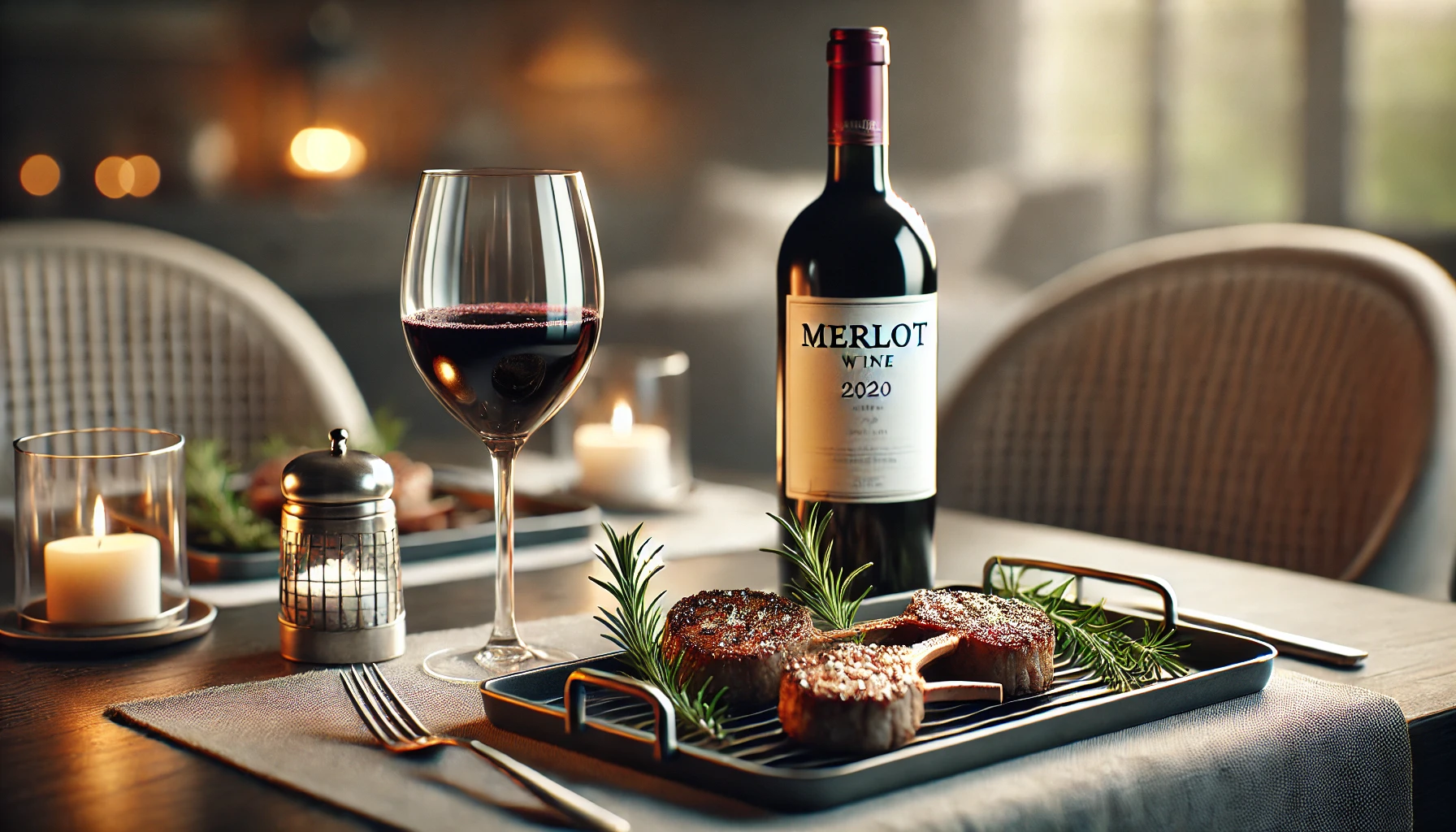 A rich Merlot perfectly paired with tender lamb chops, garnished with fresh rosemary for a flavorful dining experience.