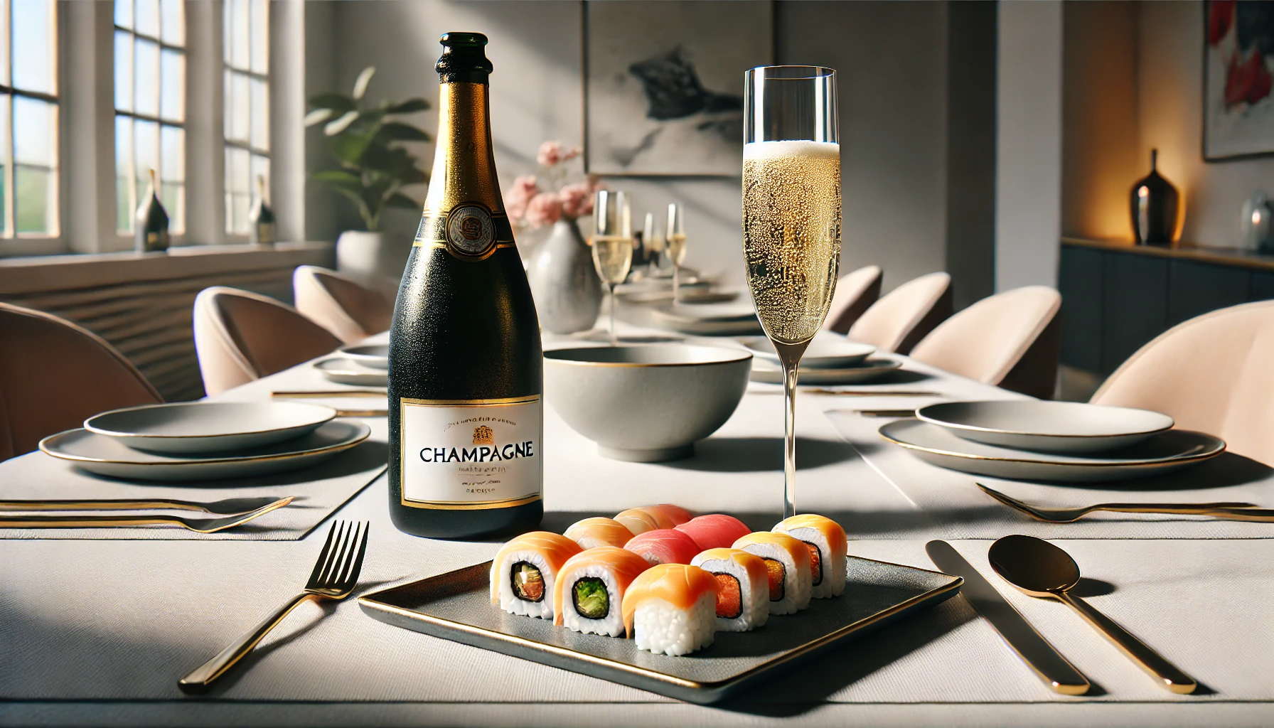 A crisp Champagne perfectly paired with an assortment of colorful sushi rolls and nigiri for a sophisticated dining experience.