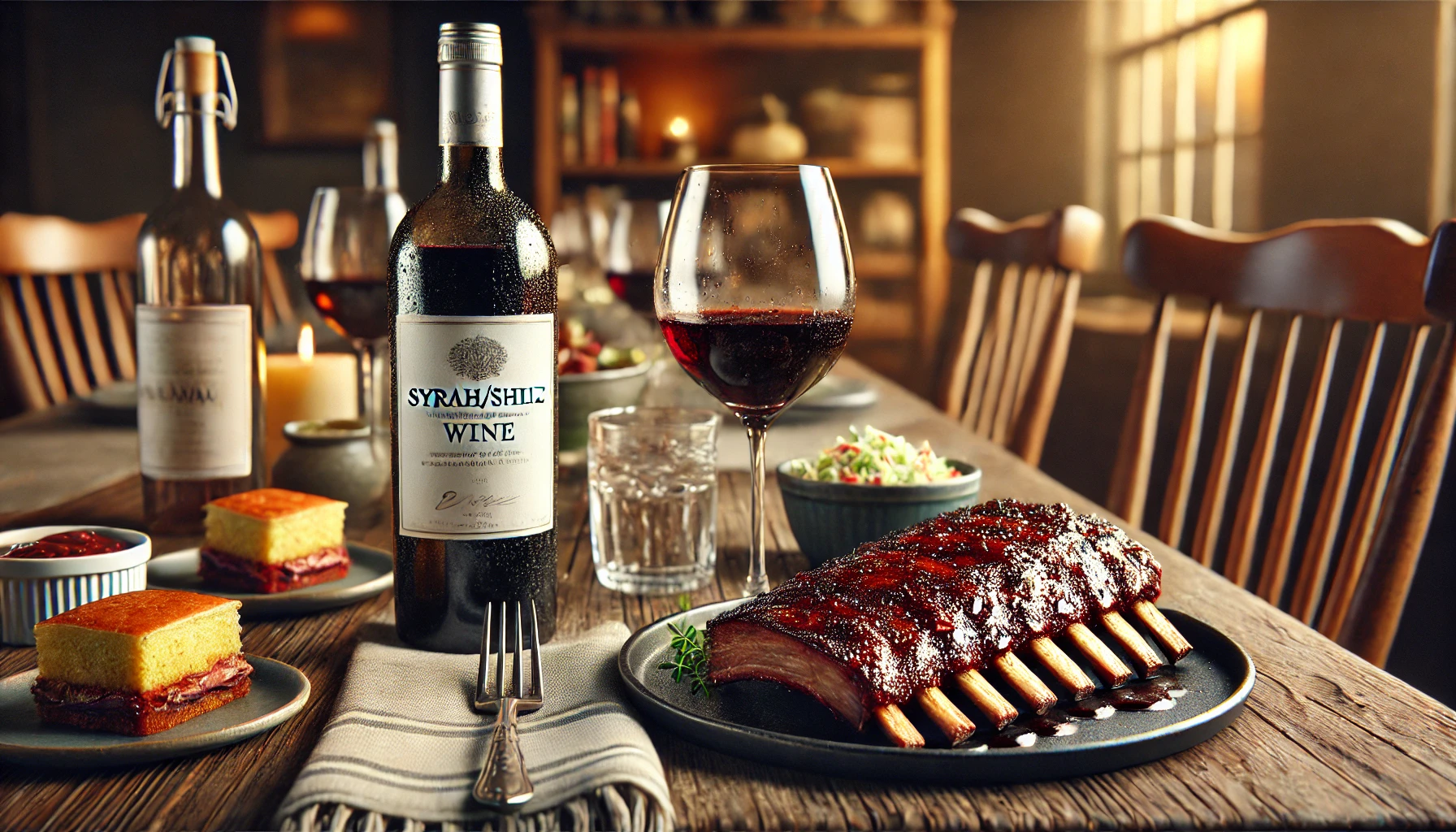 A bold Syrah/Shiraz paired with smoky BBQ ribs, complemented by coleslaw and cornbread for a hearty meal