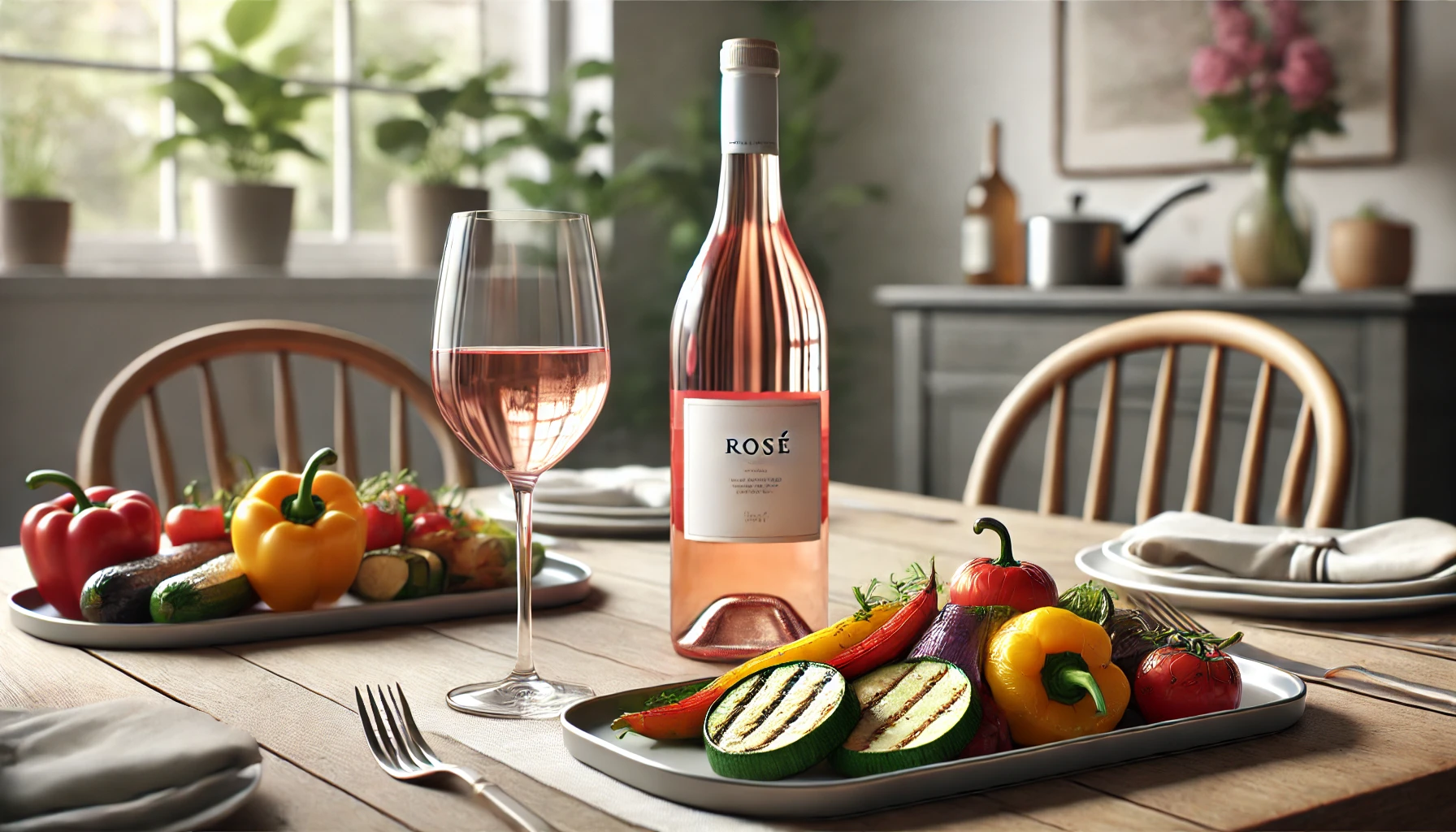 A refreshing Rosé perfectly paired with a colorful assortment of grilled vegetables, ideal for a light and summery meal.