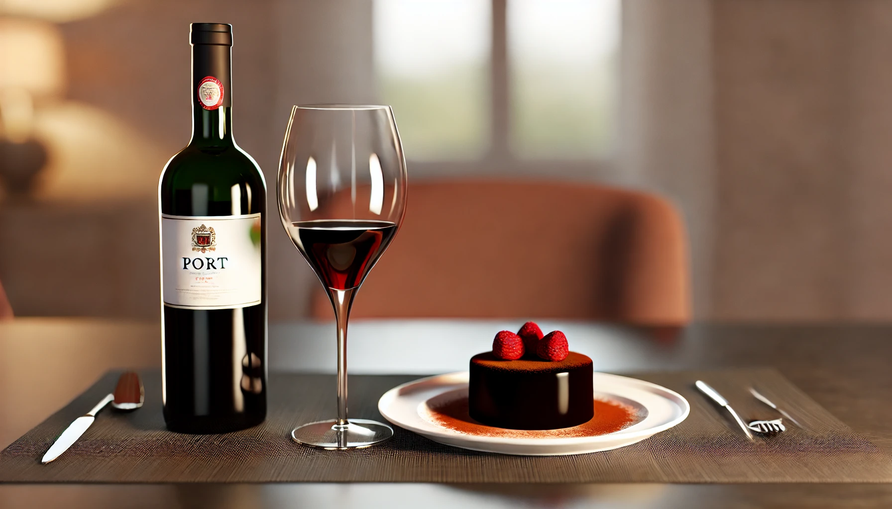 A rich Port paired with a decadent dark chocolate dessert, garnished with fresh raspberries for an indulgent treat.