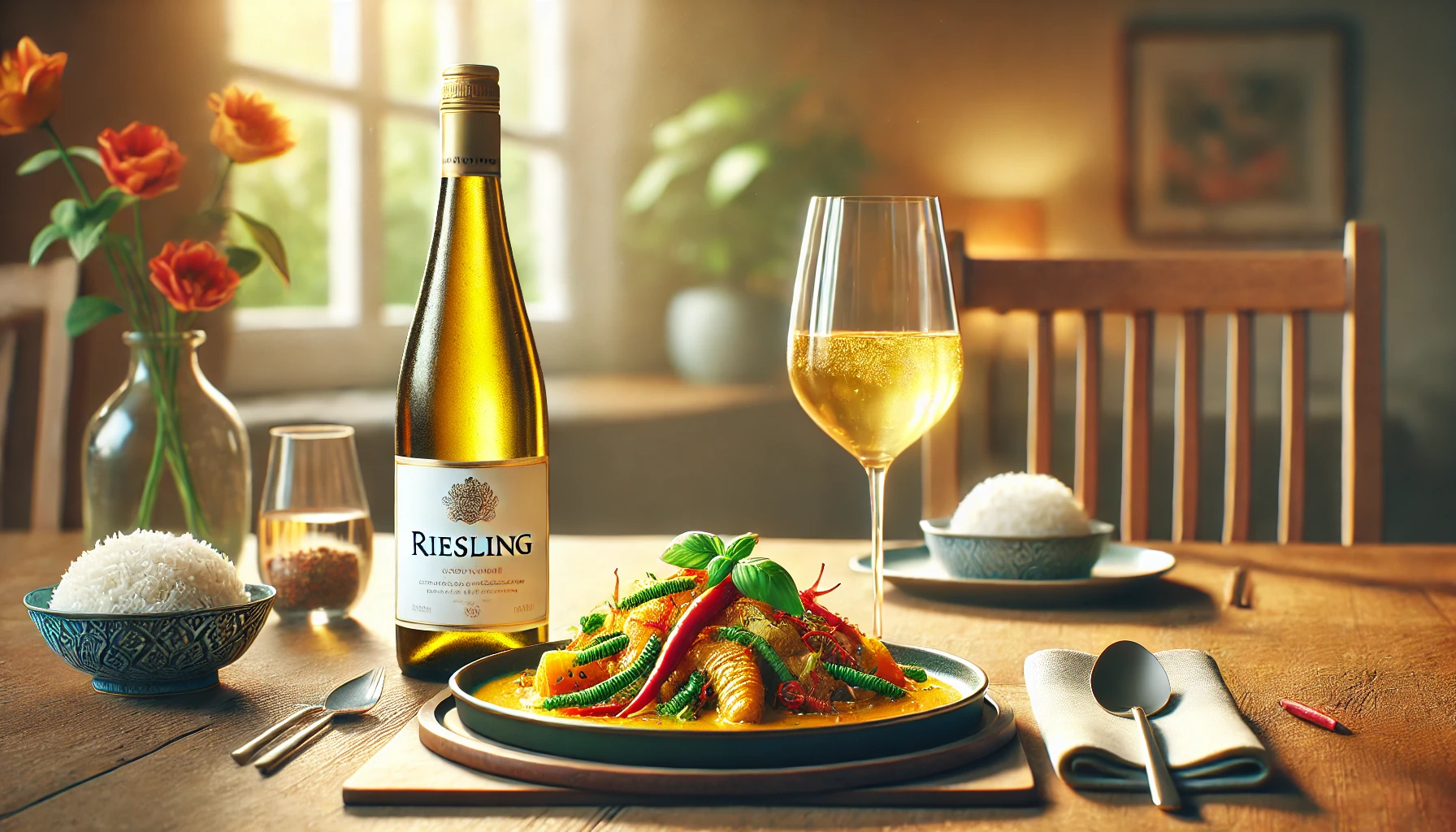 A refreshing Riesling paired with vibrant and spicy Thai cuisine, featuring colorful ingredients and jasmine rice.