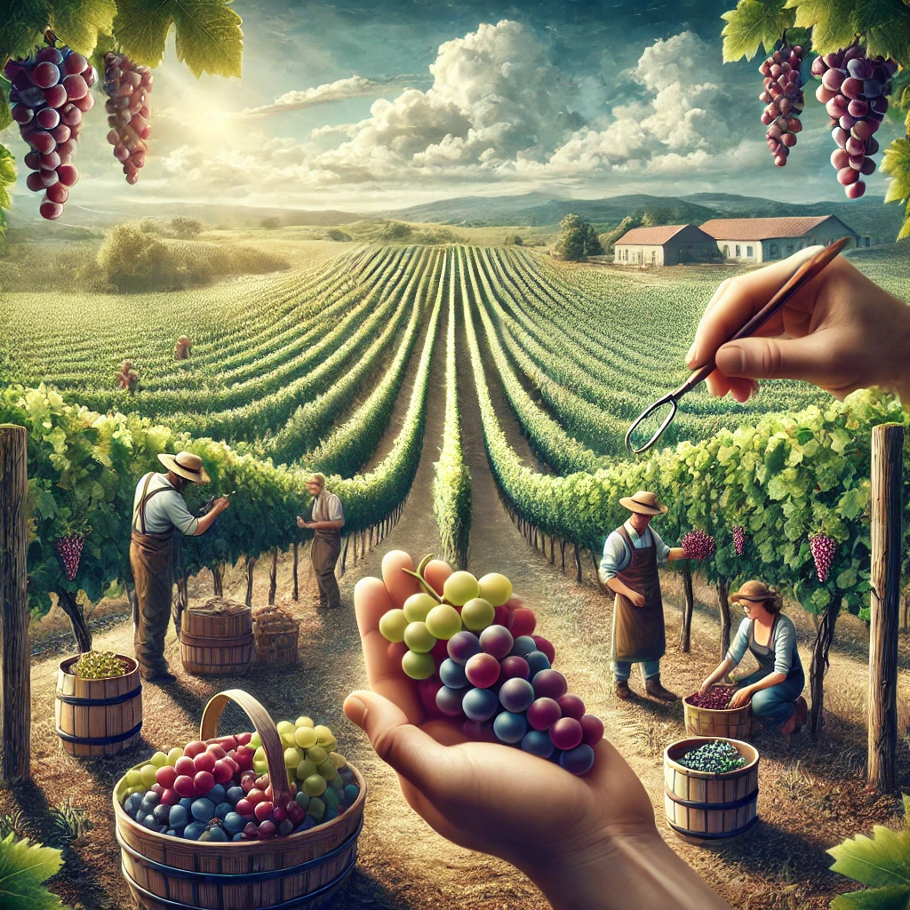 A horizontal scenic vineyard landscape that combines the concepts of viticulture and harvesting. The image shows a vast vineyard with rows of grapevines under a clear blue sky. On the left side, a viticulturist is closely examining grape clusters on the vine, representing the careful process of viticulture. On the right side, workers are actively harvesting grapes by hand, placing them into baskets, demonstrating the precise timing required for harvesting. The scene reflects the harmonious relationship between growing the perfect grape and harvesting at the optimal time, with rolling hills and a rustic winery in the background.