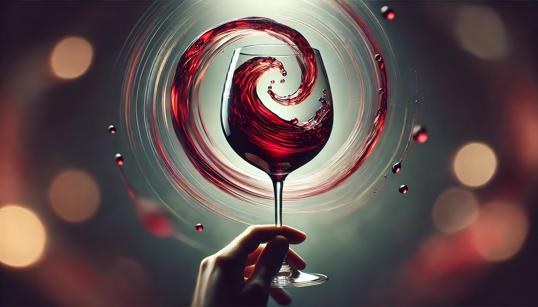 A horizontal, artistic image depicting a 'symphony in a glass' of wine. The image features a close-up of a wine glass filled with deep red wine, set against a blurred background that suggests a concert hall with musical notes and instruments subtly visible. The wine in the glass appears to swirl gently, creating waves and reflections that resemble musical notes, symbolizing the complexity and harmony of flavors in the wine. Light shimmers through the glass, enhancing the rich color of the wine and giving a sense of movement and rhythm, evoking the idea of a symphony encapsulated within the glass.