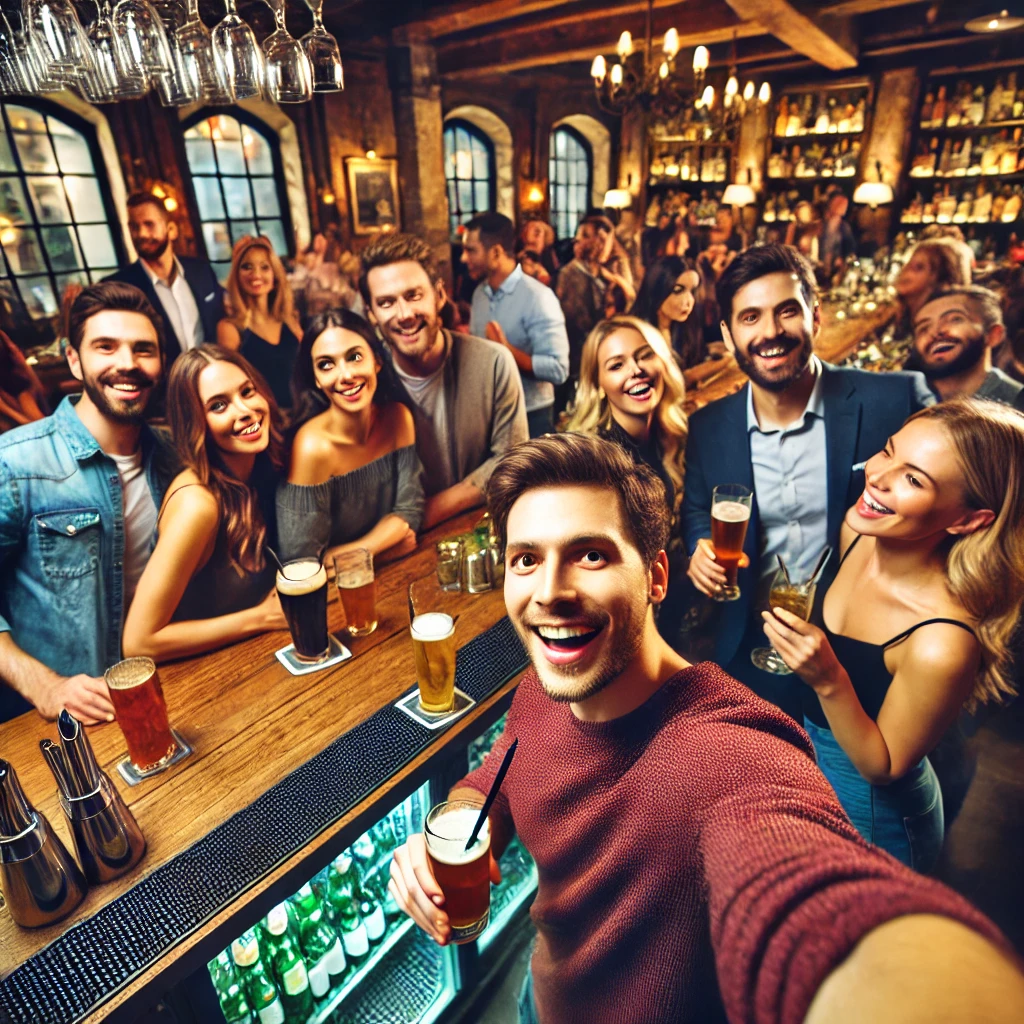 A lively bar scene during happy hour, captured from a group selfie angle.