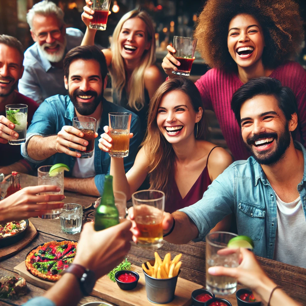 A candid photo of a group of friends toasting at a table during happy hour. The image shows a diverse group of men and women, smiling and raising their glasses.