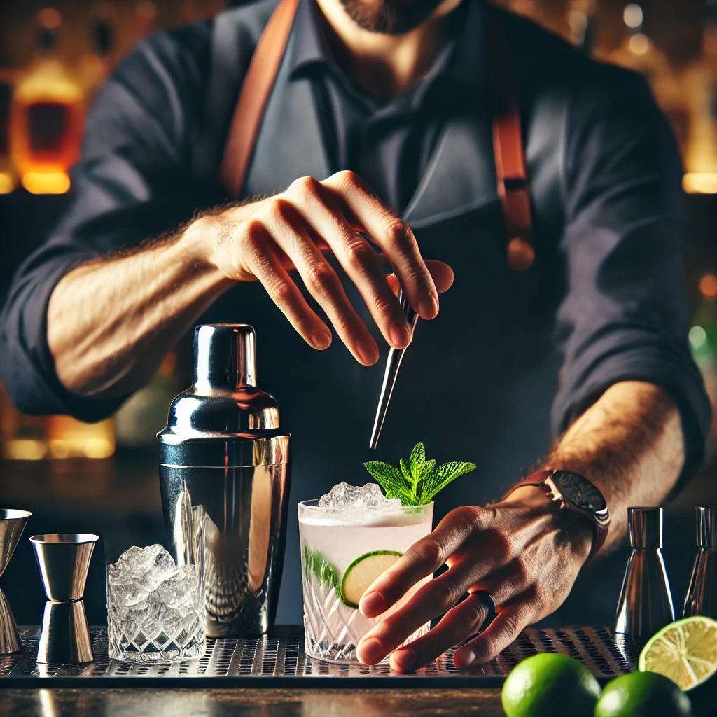 Close-up of a bartender preparing cocktails, focusing on the bartender’s hands as they mix drinks.