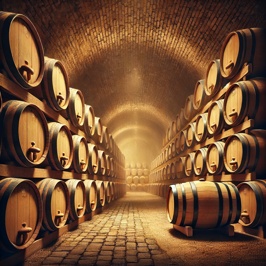 A realistic image of a wine cellar with rows of oak barrels filled with maturing wine. The scene is dimly lit, creating a warm and inviting atmosphere. The barrels are stacked neatly in rows, with each barrel showing signs of age, such as slight stains and markings. The cellar is made of stone, and there are cobwebs in the corners, adding to the authentic, aged feel of the space. The image captures the essence of traditional winemaking, emphasizing the importance of aging wine in oak barrels for developing its complex flavors and aromas.