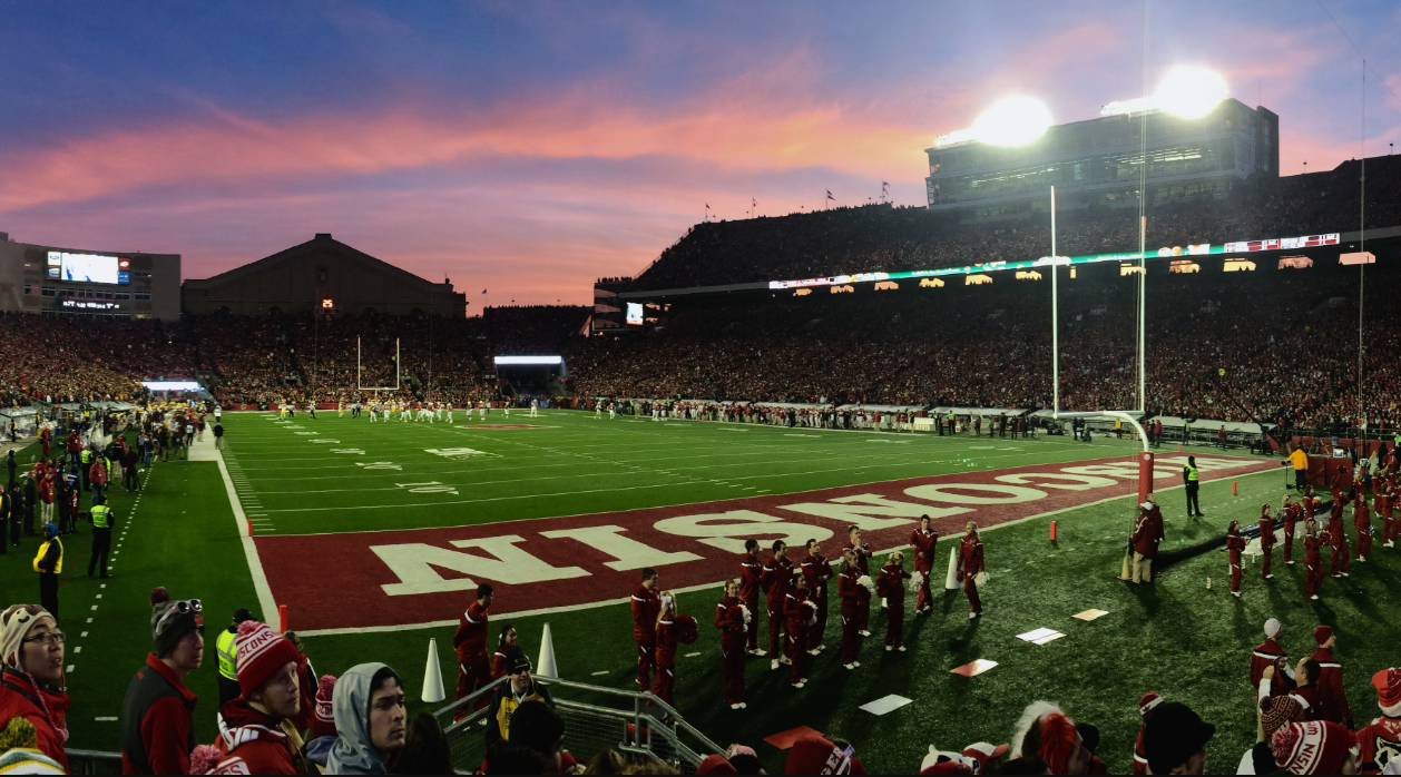 Panoramic view of Camp Randall Stadium during a Wisconsin Badgers game, showcasing the vibrant atmosphere and packed stands. Photo taken on November 29, 2014.