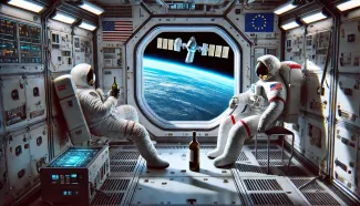 AI generated image of astronauts in space with wine, generated on August 24, 2024.