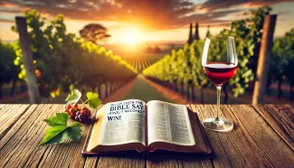 Cover image for the article 'What Does the Bible Say About Alcohol?' with a Bible, wine, and vineyard.