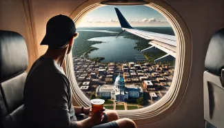 Horizontal aerial view from an airplane window at cruising altitude, showing the landscape of Madison, Wisconsin, with a person looking out of the win