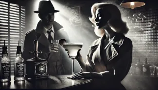 A Noir aesthetic image set in a dimly lit bar. The focus is on a classic margarita cocktail with a dramatic spotlight highlighting its silhouette.