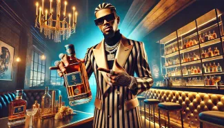 A famous-looking rapper holding a bottle of their own alcohol brand, standing confidently in a luxurious setting with gold accents and a sleek, stylish home.