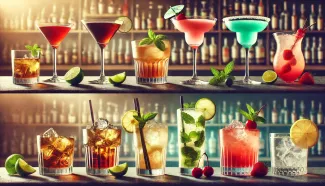 A horizontal composite image featuring 10 classic cocktails arranged side by side in a stylish bar setting.