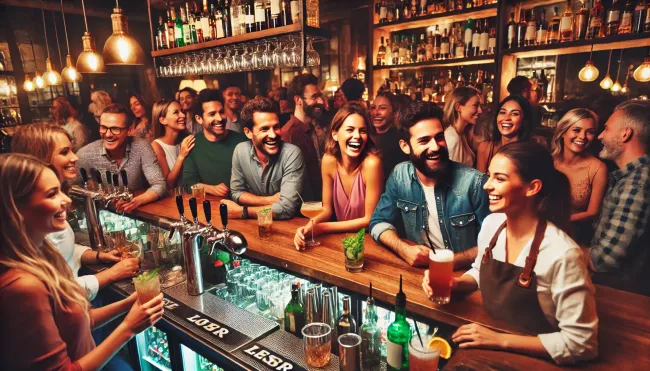 A lively bar scene during happy hour, featuring a wide shot of a bustling bar with people socializing, enjoying drinks, and engaging with the bartender.