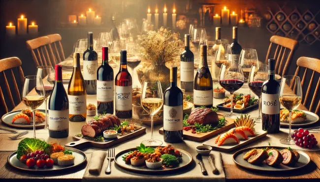 An elegant display of perfect wine pairings, featuring a variety of wines and their ideal food companions for a delightful dining experience.