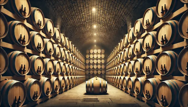 Image created by OpenAI's DALL·E, depicting a wine cellar with barrels aging wine.