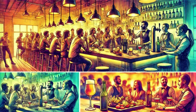 A lively bar scene capturing the essence of a bustling happy hour. The image should depict a diverse group of patrons enjoying drinks and appetizers.