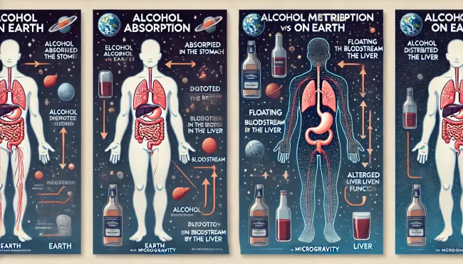 A comparison of alcohol absorption and metabolism on Earth versus in microgravity. The infographic illustrates the typical process of alcohol absorption in the human body on Earth, with alcohol moving from the stomach to the bloodstream and then metabolized by the liver, compared to the altered distribution and metabolism in microgravity where alcohol floats more evenly in the bloodstream.