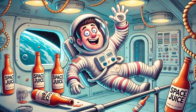 A horizontal, lighthearted cartoon illustration of a tipsy astronaut floating inside a space station. The astronaut is wearing a space suit.