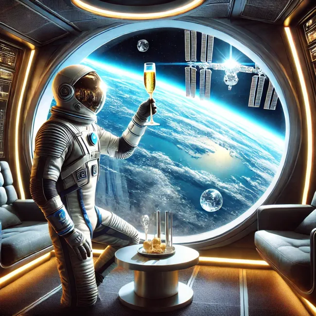 A conceptual image of a future space tourist enjoying a glass of champagne in zero gravity while admiring the view of Earth from a luxurious space station. The scene captures a sophisticated atmosphere with modern design elements and a stunning view of Earth’s blue oceans and white clouds.