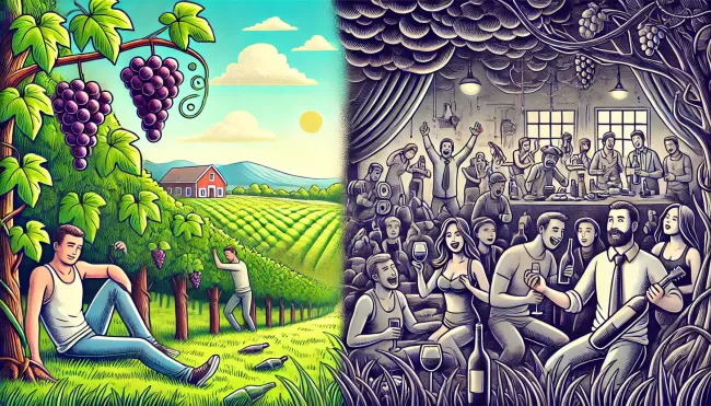 A peaceful vineyard contrasted with a chaotic scene of revelry, illustrating moderation vs. overindulgence.