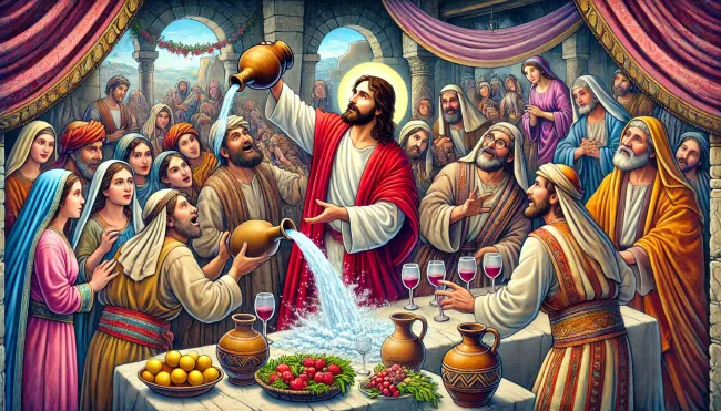 An artistic depiction of Jesus turning water into wine at the wedding at Cana.