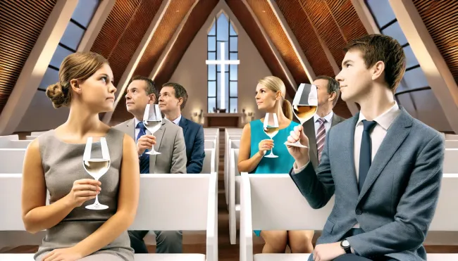 A modern church setting showing the divide among Christians on alcohol consumption.