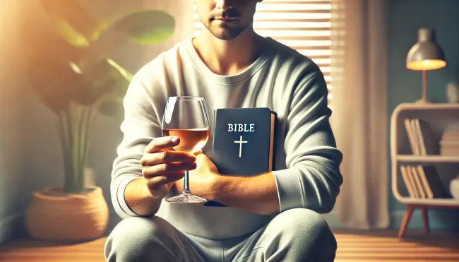 A person holding a Bible and a small glass of wine, symbolizing self-control and moderation.