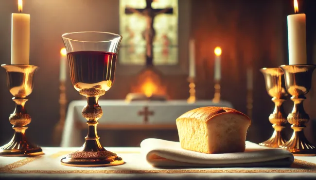 Communion elements on a church altar—wine in a chalice and bread.