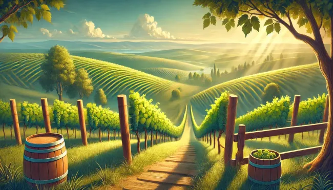 A peaceful vineyard, symbolizing the balance of enjoying God’s gifts while maintaining self-control.