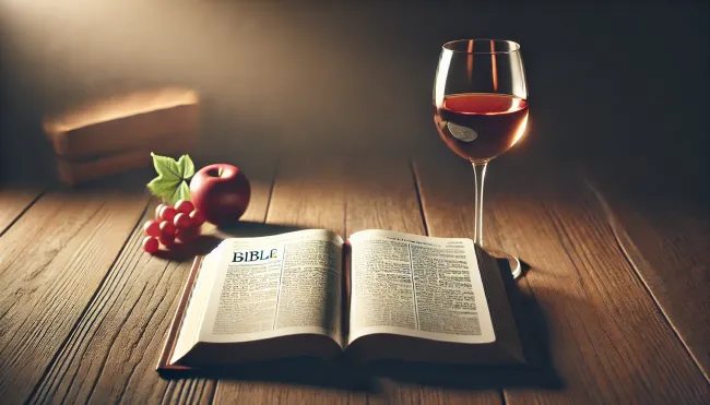 An open Bible with a highlighted verse and a glass of wine, symbolizing thoughtful reflection.