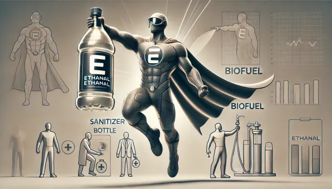 A Marvel-inspired superhero character designed to look like a bottle, symbolizing ethanol, with a prominent 'E' emblem on their chest.