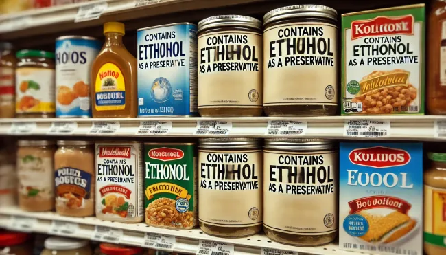 A horizontal close-up image of various packaged food items on a store shelf, each with a clear label mentioning ethanol as a preservative.