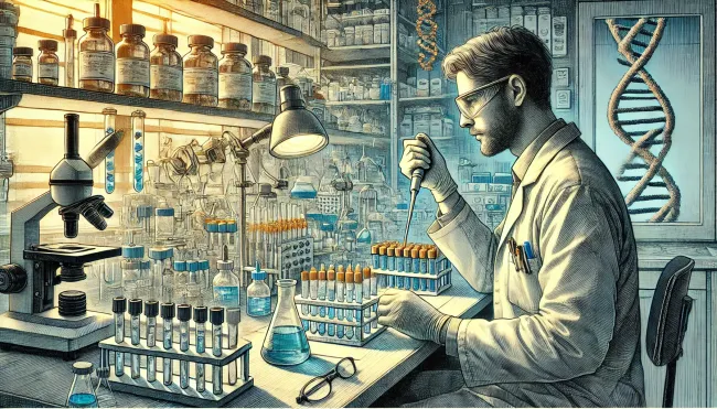 A horizontal image of a laboratory setting showing lab equipment like test tubes and pipettes, with a scientist in the process of handling DNA extraction.