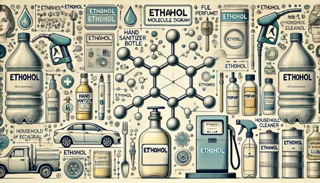 A horizontal image featuring an ethanol molecule diagram prominently displayed in the center, surrounded by a collage of various uses of ethanol.