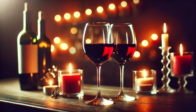 A romantic image of two glasses of red wine with a candlelit background.