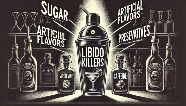 A graphic showing a cocktail shaker with various ingredients labeled as “Libido Killers” emerging from it.