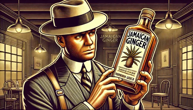 A prohibition-era illustration of a man holding a bottle labeled 'Jamaican Ginger' with a look of concern. The man is dressed in 1920s attire.