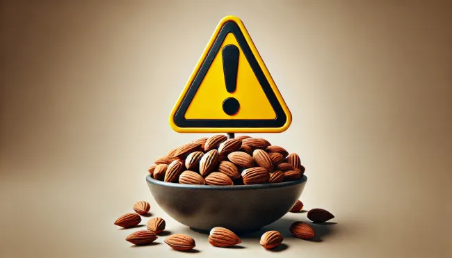 A bowl of bitter almonds with a caution symbol superimposed on it. The bowl is filled with bitter almonds, which have a slightly wrinkled, brown appearance.