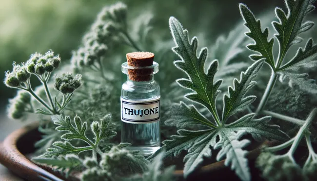 A close-up of wormwood leaves with a small vial labeled 'Thujone.'