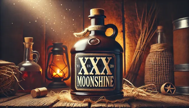 A classic moonshine jug labeled 'XXX' with a rustic background. The jug is made of dark brown ceramic with a cork stopper, featuring a prominent 'XXX'.