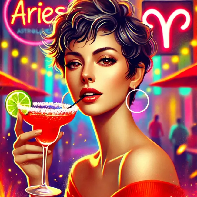 Bold and fearless, this Aries woman sips her Spicy Margarita, ready to conquer the world one fiery sip at a time. 