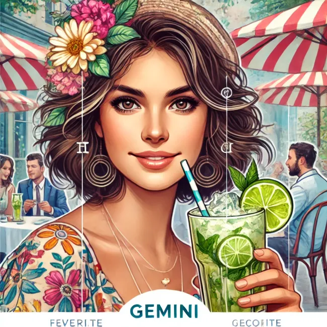 Lively and social, this Gemini woman savors her refreshing Mojito, always ready for a new adventure.