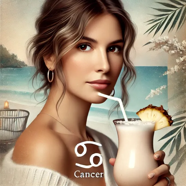 With a Piña Colada in hand, this Cancer woman embraces her nurturing side, enjoying every soothing sip.