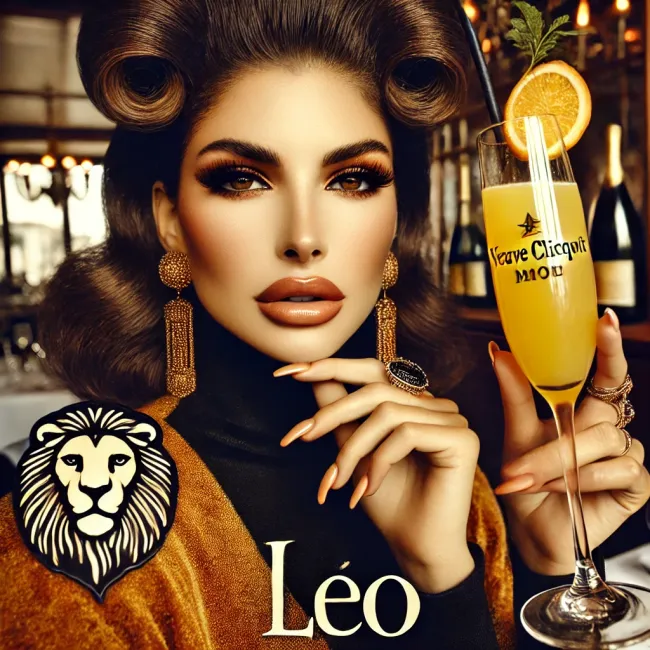 Radiant and confident, a Leo woman shines with her Veuve Clicquot Mimosa, basking in the limelight.